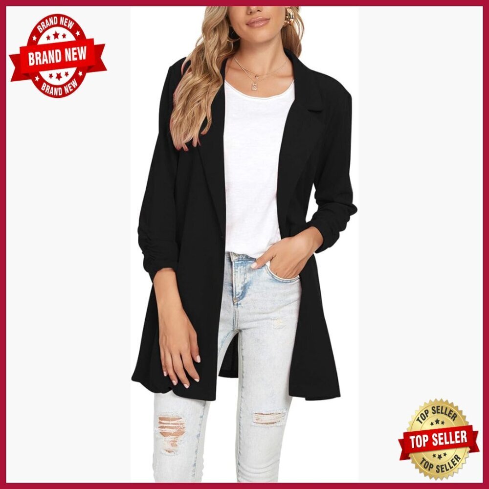 Lightweight 3/4 Sleeve Blazer, Ruched Cuffs, Open Front, Work Office Jacket